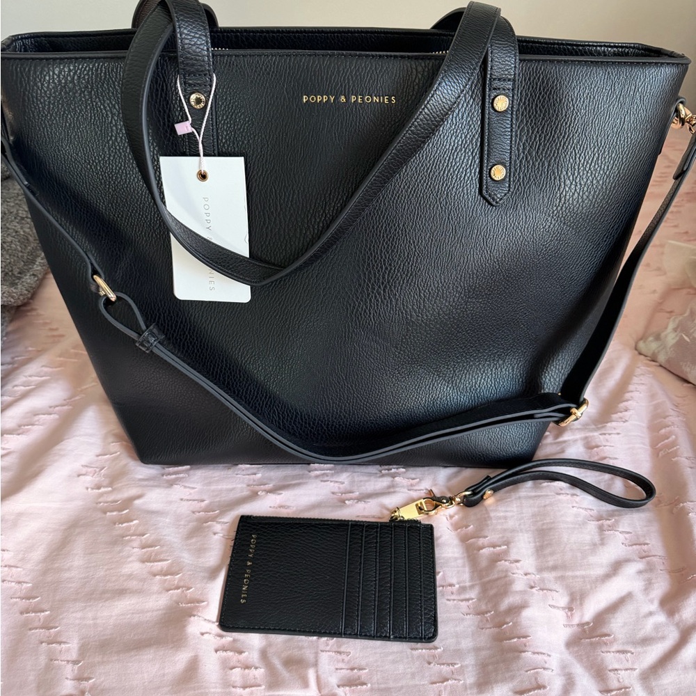 Poppy & Peonies Black Go-Getter Leather Tote and matching wristlet